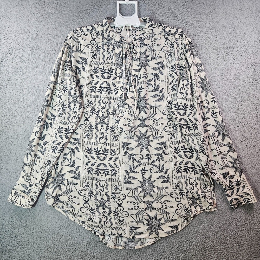 Free People Tunic Top Blouse Women Medium Tie Neck Geometric Print Black Beige